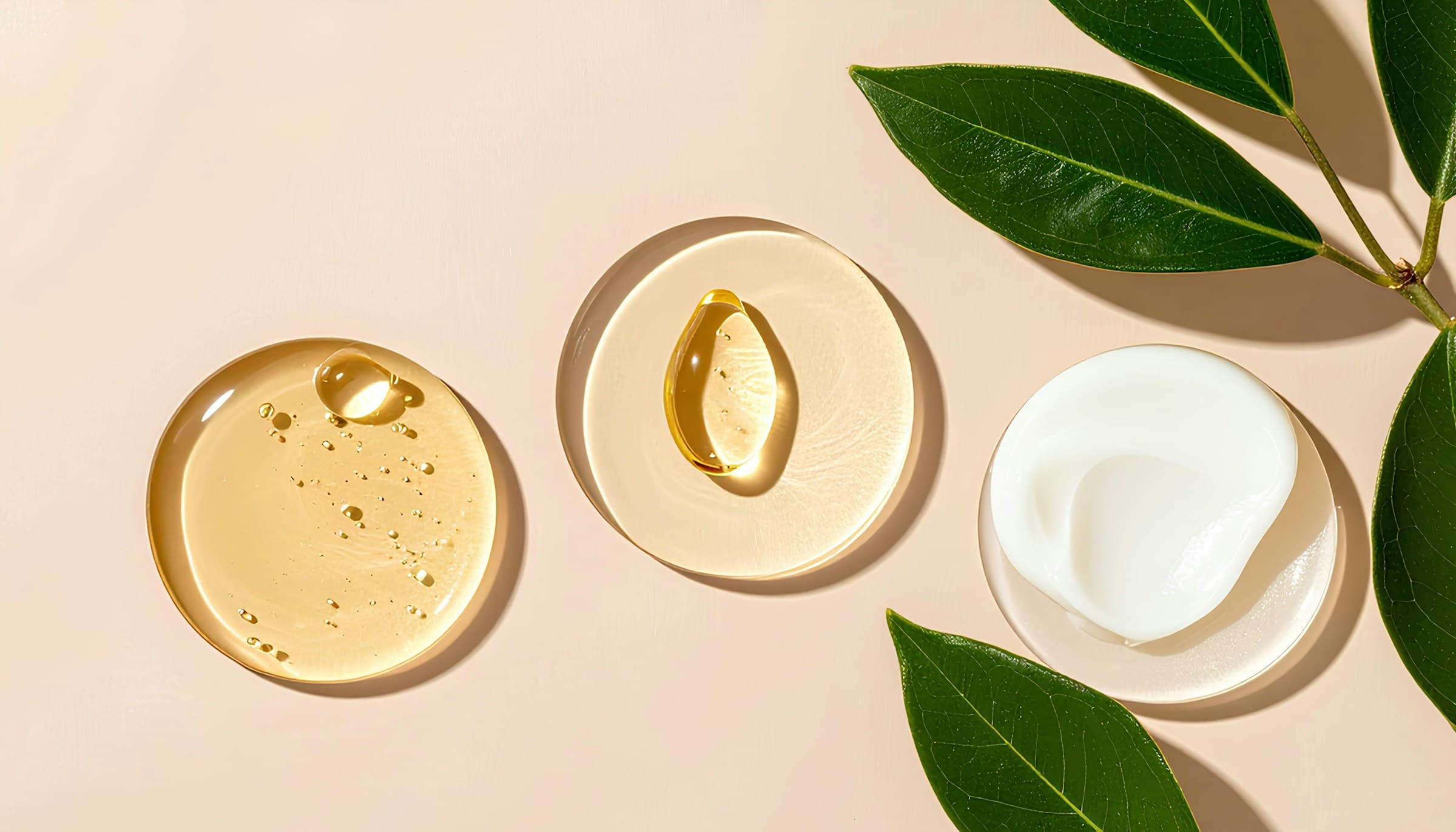 Cosmetic textures and botanical leaves photographed in warm light