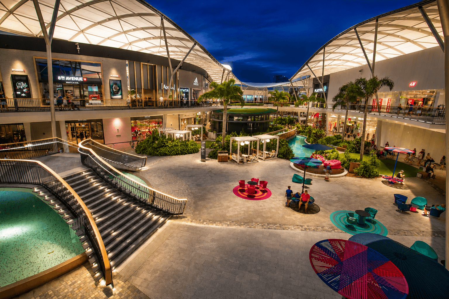 Pacific Fair retail courtyard in the evening